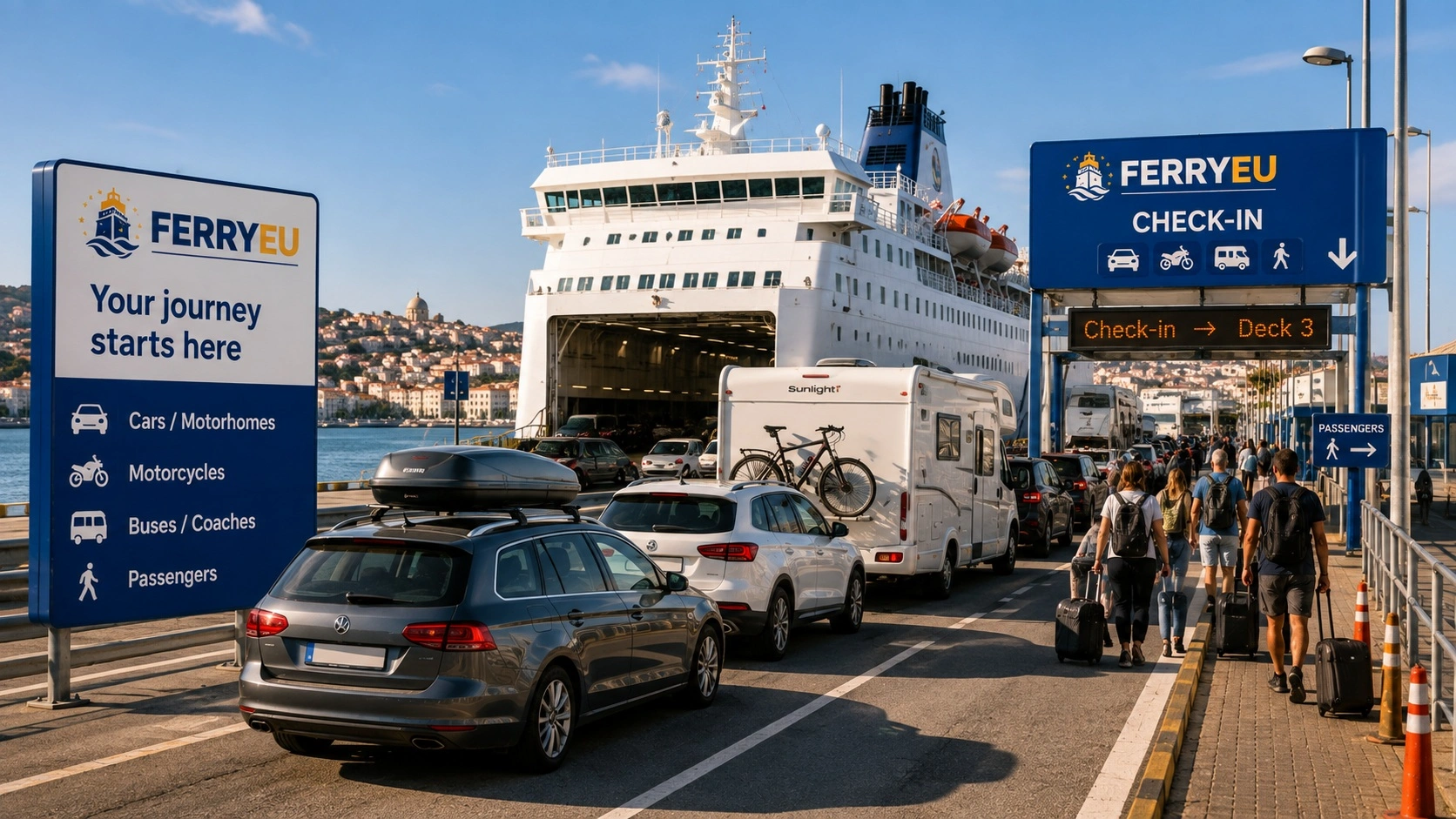 Matkustajat ja ajoneuvot valmistautuvat nousemaan lautalle