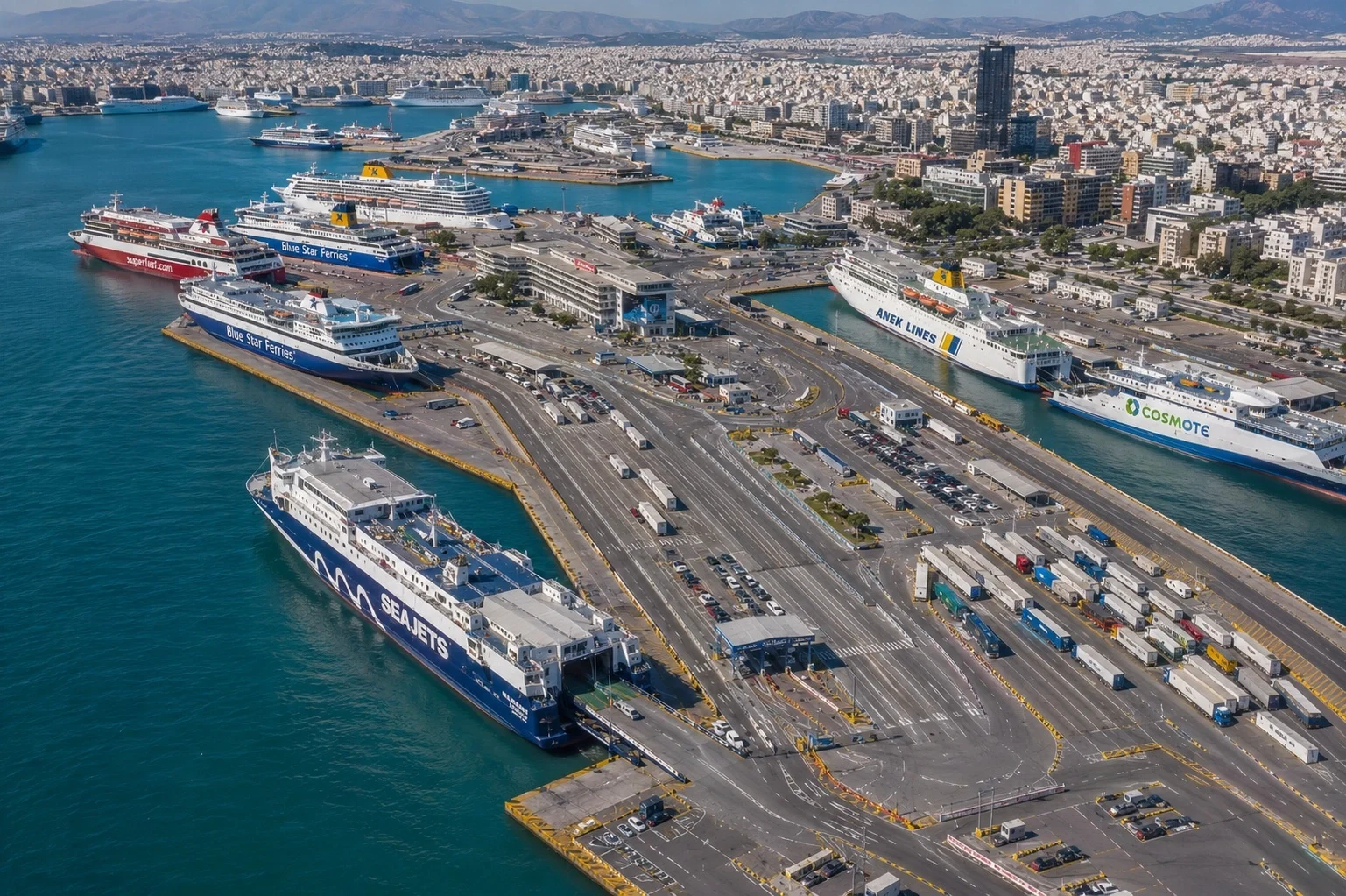Aerial view of Pireus lauttasatama in Athens