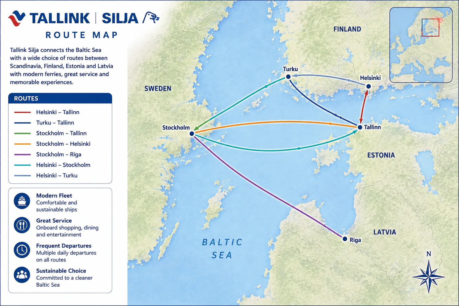 Havainnollinen Tallink Silja Linen reittikartta